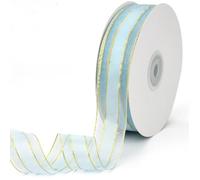 CABODYALS 45.72M 25mm Blue Organza Ribbon Gold Edge Ribbon Metallic Sheer Christmas Transparent Chiffon Silk Wrapping Ribbon with Spool for Wrapping Gift Making Craft Dress Wreaths Decor Supplies
