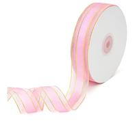CABODYALS 45.72M 25mm Pink Ribbon With Gold Edge Organza Ribbon Metallic Sheer Transparent Chiffon Silk Wrapping Ribbon with Spool for Wrapping Gift Making Craft Xmas Dress Wreaths Decor Supply