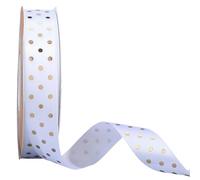 CABODYALS 45.72M 26mm White and Gold Polka Dot Grosgrain Ribbon Dots Printed Pattern Decorative Polyester Embellishment Spool Trim for Gift Wrapping Bows Wedding Bouquet Party Diy Craft Supplies