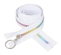 CABODYALS 4Pcs #5 White Nylon Metallic Rainbow Zipper Tape Colorful Teeth Resin Coil Sliver Metal Round Ring Pull Separating Zippers Bulk for Sewing Making Tailor Bag Clothes Pants Crafts Decor
