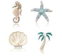 CABODYALS 4Pcs Gold Rhinestone Pearl Brooch Sparkly Summer Sea Seahorse Starfish Shell Plant Pins Multi Style Crystal Ocean Theme Animals Brooches for Women Men Dress Suit Clothes Bag Decor Gift