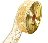 CABODYALS 55mm Gold Star Wired Ribbon Wide Christmas Transparent Sheer Ribbon Music Note Glitter Metallic Organza Fabric Ribbons with Spool for Sewing Making Craft Xmas Brithday Gift Wrapping Supply