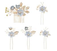 CABODYALS 5Pcs Blue Flower Hair Pins Pearl Combs Clips Headpiece Accessories Set Glitter Gold Floral Leaf Rhinestone Decorative Barrette U Shape Bobby Pin for Women Wedding Bridal Prom Party Decor