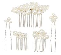 CABODYALS 5Pcs Silver Bridal Pearl Hair Pins Clips Combs Decorations Accessories Kit Retro Different Size Barrette U Shape Bobby Pin for Women Wedding Bridal Bridesmaid Party Coiled Hairstyles Decor