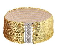 CABODYALS 73mm Gold Wide Elastic Glitter Sequin Belt Sparkle Stretchy Flat Paillette Waistband Chain Vintage Metallic Waist Sequins Belts for Women Dress Clothing Accessory 70s 80s Party Costume Decor