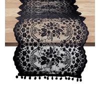 CABODYALS 75 Inch Lace Table Runner Black Vintage Floral Tablecloth Rectangular Romantic Boho Dining Fabric With Tassels Rustic Style Tables Cover for Hotel Home Living Room Wedding Halloween Decor