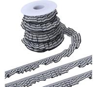CABODYALS 9.14M 20mm Black Gingham Ribbon with Empty Spools Lace Pleated Tartan Vintage Cloth Fabric Classic Ruffle Trim for Sewing Making Dress Collar Cuffs Floral Home Decor DIY Crafts Supply