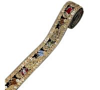 CABODYALS 9.14M 25mm Black Gold Jacquard Metallic Sequin Ribbon Embroidered Vintage Floral Trimming Ethnic Thin Glitter Polyester Ribbons for Sewing Making Clothes Dress Decor DIY Crafts Invitations