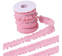 CABODYALS 9.14M 25mm Pink Gingham Double Ruffle Ribbon with Empty Spools Gathered Pleated Lace Vintage Cloth Fabric Classic Trim for Sewing Making Dress Collar Floral Home Decor DIY Craft Supply