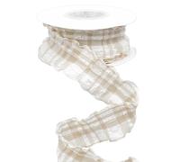 CABODYALS 9.14M 40mm Beige Gingham Plaid Ribbon Checkered Wired Wrinkled Trim Double Chiffon Ruffled Edge Polyester Ribbon with Spool for Gift Wrapping Wedding Invitations Bouquets Christmas Decor
