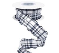 CABODYALS 9.14M 40mm Black Gingham Pleated Ribbon Checkered Double Chiffon Ruffled Edge Trim Plaid Polyester Wired Ribbons with Spool for Gift Wrapping Wedding Invitation Bouquet Christmas Decor Craft