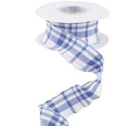 CABODYALS 9.14M 40mm Blue Ruffle Edge Plaid Ribbon Spool Gingham Chiffon Fabric Double Sided Ruffled Checkered Pleated Lace Trimming Burlap Trim for Sewing Making Gift Bows Wrapping Diy Craft Supply