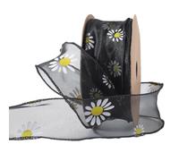 CABODYALS 9.14M 40mm Flower Print Organza Ribbon Black Sheer Daisy Pattern Lace Trimming Soft Transparent Silk Chiffon Fabric Floral Ribbons for Sewing Making Bows Craft Gift Wrapping Wreath Diy Decor