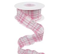 CABODYALS 9.14M 40mm Pink Gingham Ribbon Checkered Double Chiffon Ruffled Plaid Trim Wrinkled Edge Polyester Ribbons with Spool for Gift Wrapping Bow Wedding Invitations Bouquets Diy Christmas Decor