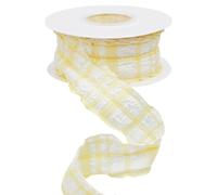 CABODYALS 9.14M 40mm Yellow Gingham Ribbon Checkered Pleated Trim Double Ruffled Edge Chiffon Plaid Fabric Polyester Ribbons with Spool for Gift Wrapping Wedding Invitation Bouquet Decor Bow Diy Craft