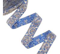 CABODYALS 9.14M 48mm Blue Jacquard Embroidery Ribbon Ethnic Style Embroidered Sequin Beaded Floral Fabric Woven Shiny Vintage Polyester Trim for Sewing Making Clothes Home Decor Diy Crafts Supply