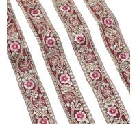 CABODYALS 9.14M Dark Red Wired Ribbon Ethnic Metallic Sequin Gold Jacquard Polyester Burgundy Single Face Flower Pattern Vintage Woven Embroidery Ribbons for Clothes Sewing Making Crafts Supplies