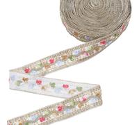 CABODYALS 9.14M White Jacquard Ribbon Embroidery Metallic Gold Trim Beaded Sequin Ethnic Boho Vintage Embroidered Floral Pattern Woven Polyester Ribbons for Crafts Clothes Decoration Sewing Making