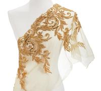 CABODYALS 91.4CM Gold Embroidery Flower Patches Sew On Lace Fabric Shiny Sequin Floral Leaf Appliques Glass Beaded Tulle Vintage Cloth for Sewing Making Clothing Accessories Ornament Wedding Party Diy