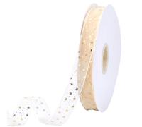 CABODYALS About 91.44M 21mm Gold Star Printed Ribbon White Sheer Stars Pattern Print Transparent Chiffon Silk Yarn Ribbons Trim with Spool Bulk for Sewing Making Crafts Gift Wrapping Diy Supply