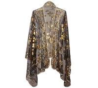 CABODYALS Black Floral Lace Embroidered Shawl Wraps Gold Sparkly Beaded Sequin Scarf Cape Flower Leaf Vine Pattern Vintage 1920S Sheer Pashmina Shawls for Women Evening Dress Wedding Bridal Party