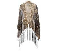 CABODYALS Black Floral Lace Shawl Wraps Sparkly Sequin Fringe Tassel Scarf with Gold Flower Peacock Patterns Vintage 1920S Chiffon Pashmina Shawls for Women Evening Dress Formal Wedding Party