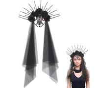 CABODYALS Black Rose Flower Halo Crown Goth Spiked Sunburst Floral Headpiece Headband Evil Queen Tiara Costume Hair Accessories with Mesh Bridal Veil Headpieces for Women Party Halloween Cosplay