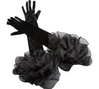 CABODYALS Black Satin Wedding Gloves Long Retro Formal Soft Velvet Stretchy Mittens with Sheer Tulle Ruffle Pleated Cuff Over Elbow Glove for Adult Women Costume Bridal Evening Dress Halloween Cosplay