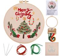 CABODYALS Christmas Tree Hand Embroidery Starting Kit Cross Stitch Kits with Hoop Easy Stamped Merry Xmas Needlepoint Threads Instruction Sets for Adults Beginners Diy Stitches Practice Crafts