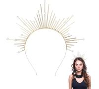 CABODYALS Gold Halo Crown Sunburst Spike Rhinestone Crystal Greek Godness Headband Vintage Renaissance Renfaire Headdress Mary Headpiece for Women Wedding Cosplay Festival Costmue Accessory