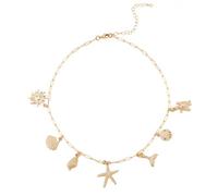 CABODYALS Gold Sea Shell Charm Necklace Stack Boho Summer Beach Dainty Seashell Pendant Costume Brass Ocean Theme Trendy Jewellery Starfish Necklaces Choker Set for Women Party Outfits Accessories