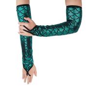 CABODYALS Green Fingerless Gloves Metallic Sparkly Mermaid Glove Summer Long shiny Glitter Fish Scale Arm Sleeves Stage Mittens for Women Cosplay Costume Rave Party Performance Birthday Accessory