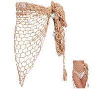 CABODYALS Hollow Out Crochet Cover Up Skirt 2025 Boho Triangle Mesh Beach Sarong Warp Shawl Knit Swimsuit Bikini Swimwear Bathing Suit Sequins Tassels Self Tie CoverUps for Women Summer Vacation