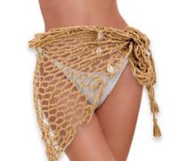 CABODYALS Khaki Mesh Triangle with Plastic Shells Drawstring Beach Swimsuit Bathing Cover Up Sarong Dress Skirt Wrap Shawl Crochet Hollow Out Fishnet Shawls for Women Summer Swim Party Bikini