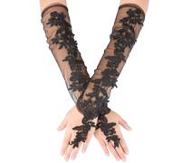CABODYALS Long Black Lace Gloves Fingerless Arm Elbow Length Elegant Vintage Sheer Floral Pattern Mesh Tulle Opera Lace Gloves for Women Wedding Bridal Prom Dance Costume Evening Party Accessories