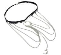 CABODYALS Silver Layered Tassel Moon Heart Body Chain Crossover Boho Black Lace Rave Punk Goth Bikini Cross Summer Elastic Multilayer Leg Chains for Beach Parties Festival Women Accessories Jewellery