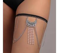 CABODYALS Silver Moon Beaded Body Chain Pearl Goth Bohemia Thigh Tassel Layered Floral Cross Punk Summer Rave Crystal Gothic Black Lace Bikini Leg Chains for Women Jewellery Gifts Parties Beaches
