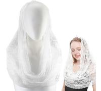 CABODYALS White Floral Wedding Veil Mesh Tulle Head Covering Wrap Vintage Latin Mass Mantilla Cathedral Embroidered Flower Pattern Fringe Shawls Scarves Veils for Women Bridal Bridesmaid Church