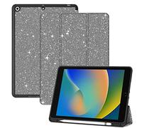 Cabreche Compatible with iPad 10.2 inch Case,9th /8th /7th Generation Case(2021/2020/2019) Pencil Holder/Soft TPU Back Auto Sleep/Wake Cover,Girls Women Silver White Bling Glitter Shiny Sparkly