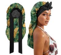 Cabreche Long Satin Hair Braid Bonnet for Sleeping Double Layer Soft Silk Lined Tie Band Wide Elastic Silky Nightcap for Women Girls Cute-Leaf