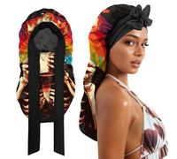 Cabreche Long Satin Hair Braid Bonnet for Sleeping Double Layer Soft Silk Lined Tie Band Wide Elastic Silky Nightcap for Women Girls Cute-Rainbow Skeleton