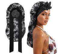 Cabreche Long Satin Hair Braid Bonnet for Sleeping Double Layer Soft Silk Lined Tie Band Wide Elastic Silky Nightcap for Women Girls Cute-Black Sunflower
