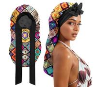Cabreche Long Satin Hair Braid Bonnet for Sleeping Double Layer Soft Silk Lined Tie Band Wide Elastic Silky Nightcap for Women Girls Cute-Mandela