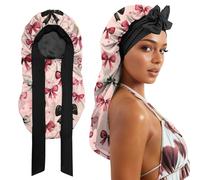 Cabreche Long Satin Hair Braid Bonnet for Sleeping Double Layer Soft Silk Lined Tie Band Wide Elastic Silky Nightcap for Women Girls Cute-Pink Bowknot