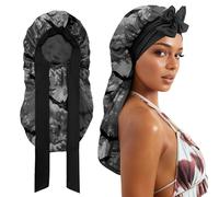 Cabreche Long Satin Hair Braid Bonnet for Sleeping Double Layer Soft Silk Lined Tie Band Wide Elastic Silky Nightcap for Women Girls Cute-Black Bat