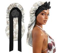 Cabreche Long Satin Hair Braid Bonnet for Sleeping Double Layer Soft Silk Lined Tie Band Wide Elastic Silky Nightcap for Women Girls Cute-Golden Sunflower