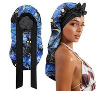 Cabreche Long Satin Hair Braid Bonnet for Sleeping Double Layer Soft Silk Lined Tie Band Wide Elastic Silky Nightcap for Women Girls Cute-Blue Black Cat