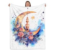 Cabreche Ramadan Mubarak Blanket Throw Blanket Eid Mubarak 50""x60"" Flannel Plush Blanket Mosque Lantern Islamic Mubarak for Bed Couch Sofa Chair Aesthetic Cute Soft Warm-Moon Flower, Single