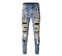 CABULE Distressed Retro Stretch Slim Foot Patch High Street Jeans-Light Blue-31
