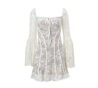 CABULE European and American fashion 2023 new ballet style sexy pure lust lace-up chest-wrapped lace printed long-sleeved dress-white-XS